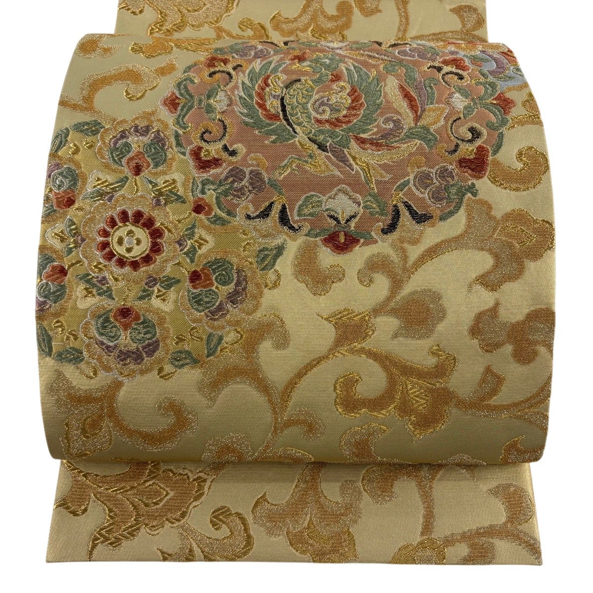 美品】 袋帯 逸品 鳳凰 華文 金華山織 金糸 金色 お太鼓柄 正絹｜中古