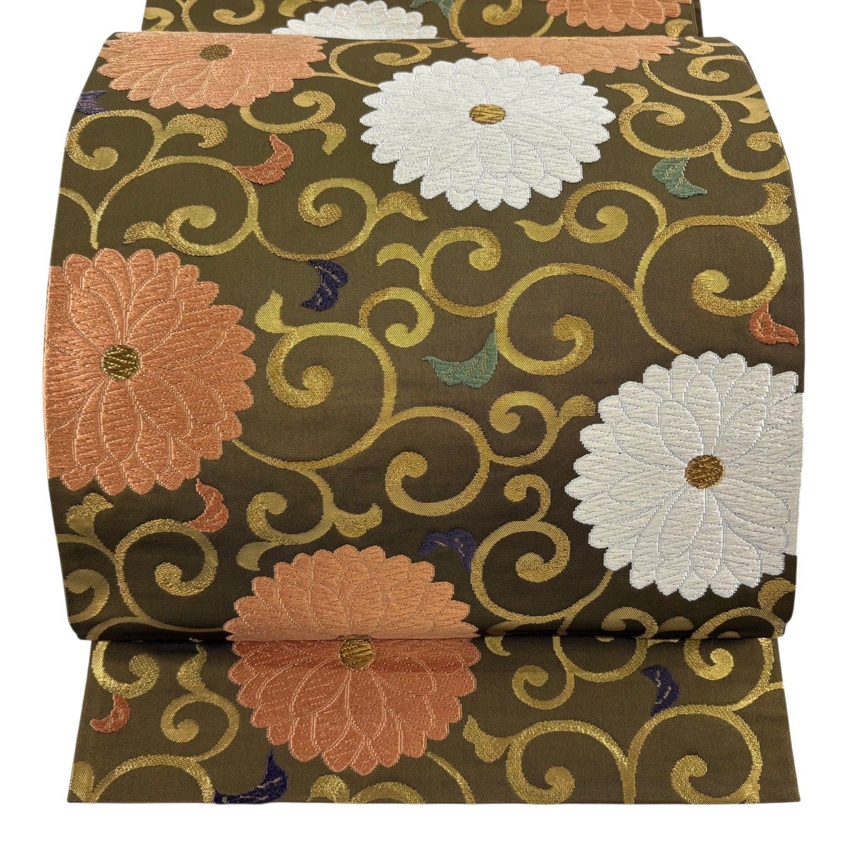 美品】 袋帯 逸品 河合美術織物 落款あり 菊唐草 金糸 手織本金箔 茶色