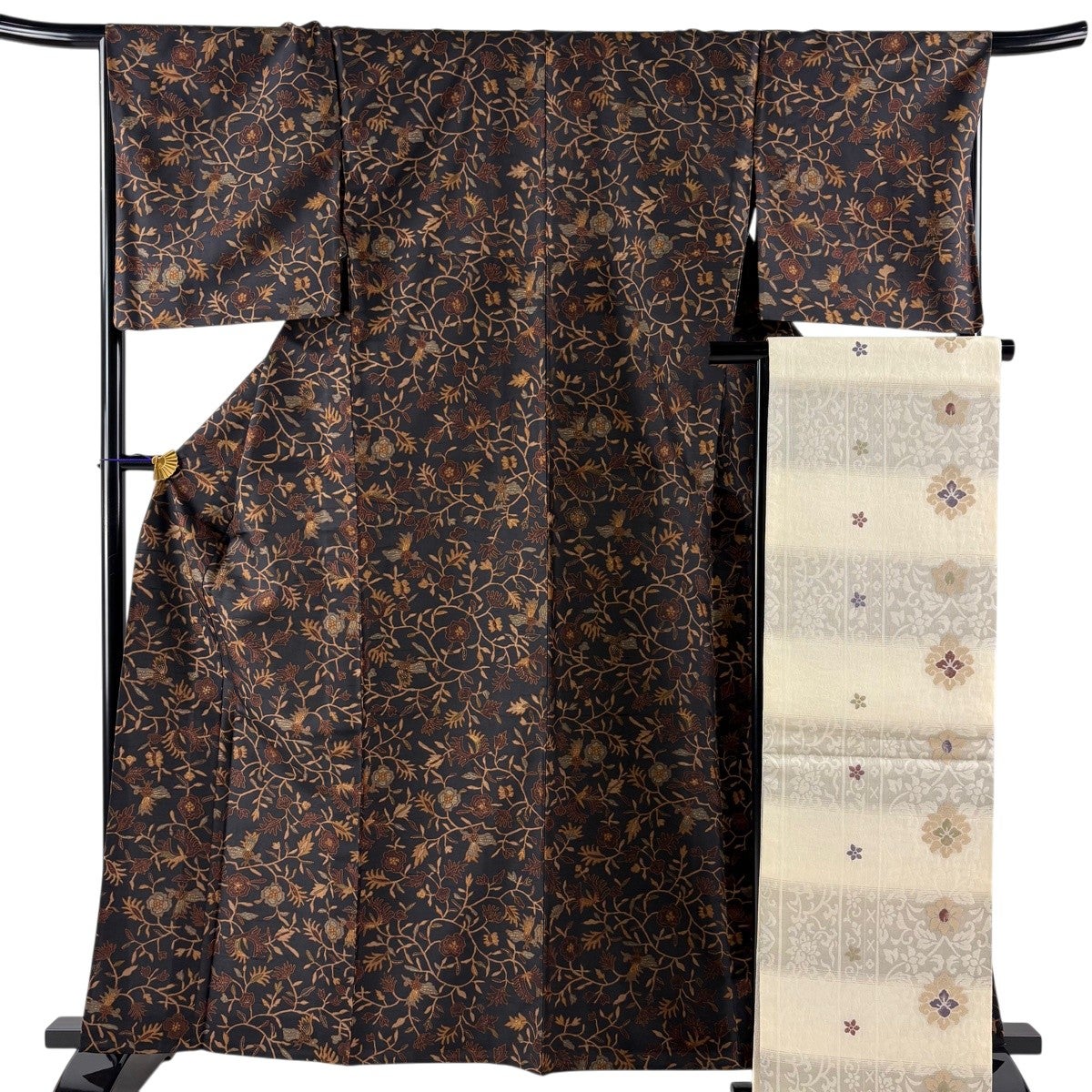 美品】 小紋 身丈162.5cm 裄丈67.5cm L 単衣 袋帯セット 紬地 やまと