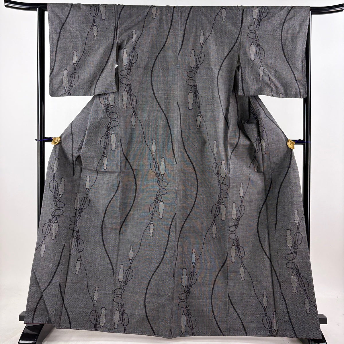 美品】 紬 身丈166cm 裄丈63.5cm S 袷 名古屋帯セット 幾何学 黒灰