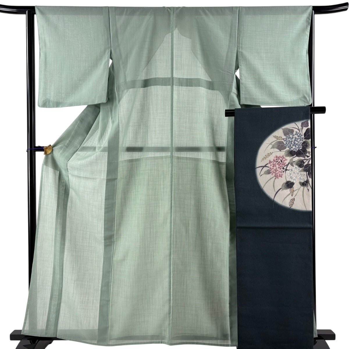美品】 紬 身丈162cm 裄丈65cm M 薄物 夏紬 袋帯セット 薄緑 正絹 秀品