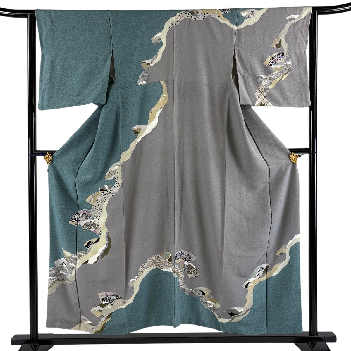 50%OFF 訪問着 身丈154cm 裄丈63cm S 袷 扇面 花鳥 金銀彩 青灰色 正絹