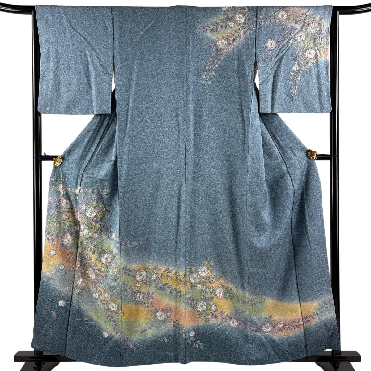 訪問着 身丈159.5cm 裄丈64cm M 袷 辻が花柄 流水 金彩 染め分け 青