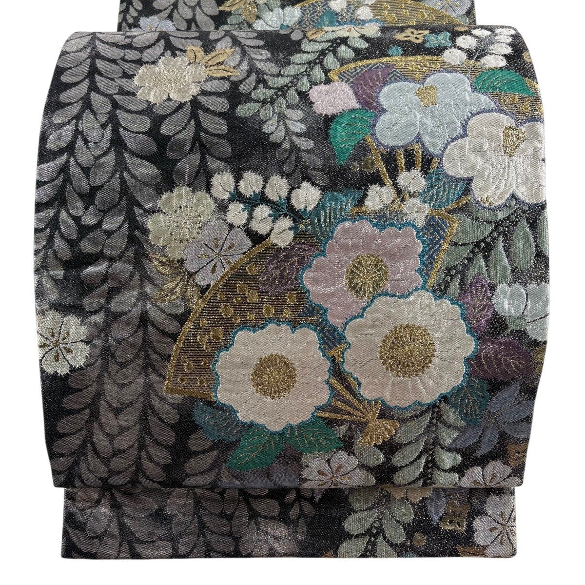 美品】 袋帯 秀品 振袖向き 辻が花柄 扇 金銀糸 箔 黒灰 六通 正絹