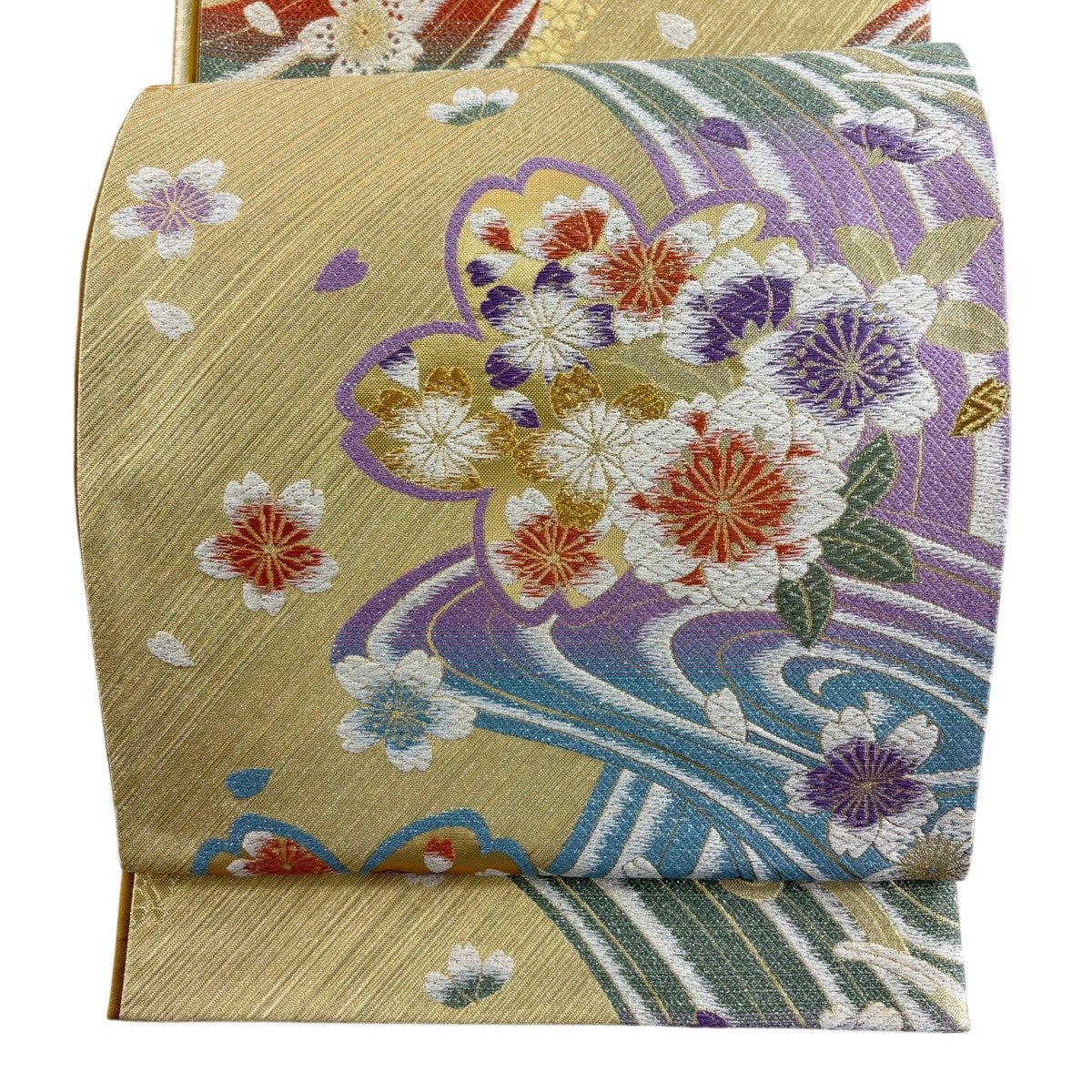 袋帯　鈴に花　流水　金通し 袋帯 美品 秀品 やまと 草花 流水 金糸 箔 金色 六通 正絹 【中古