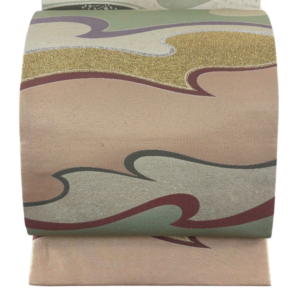美品】 袋帯 秀品 扇面 牡丹 箔 金茶 六通 正絹｜中古・古着