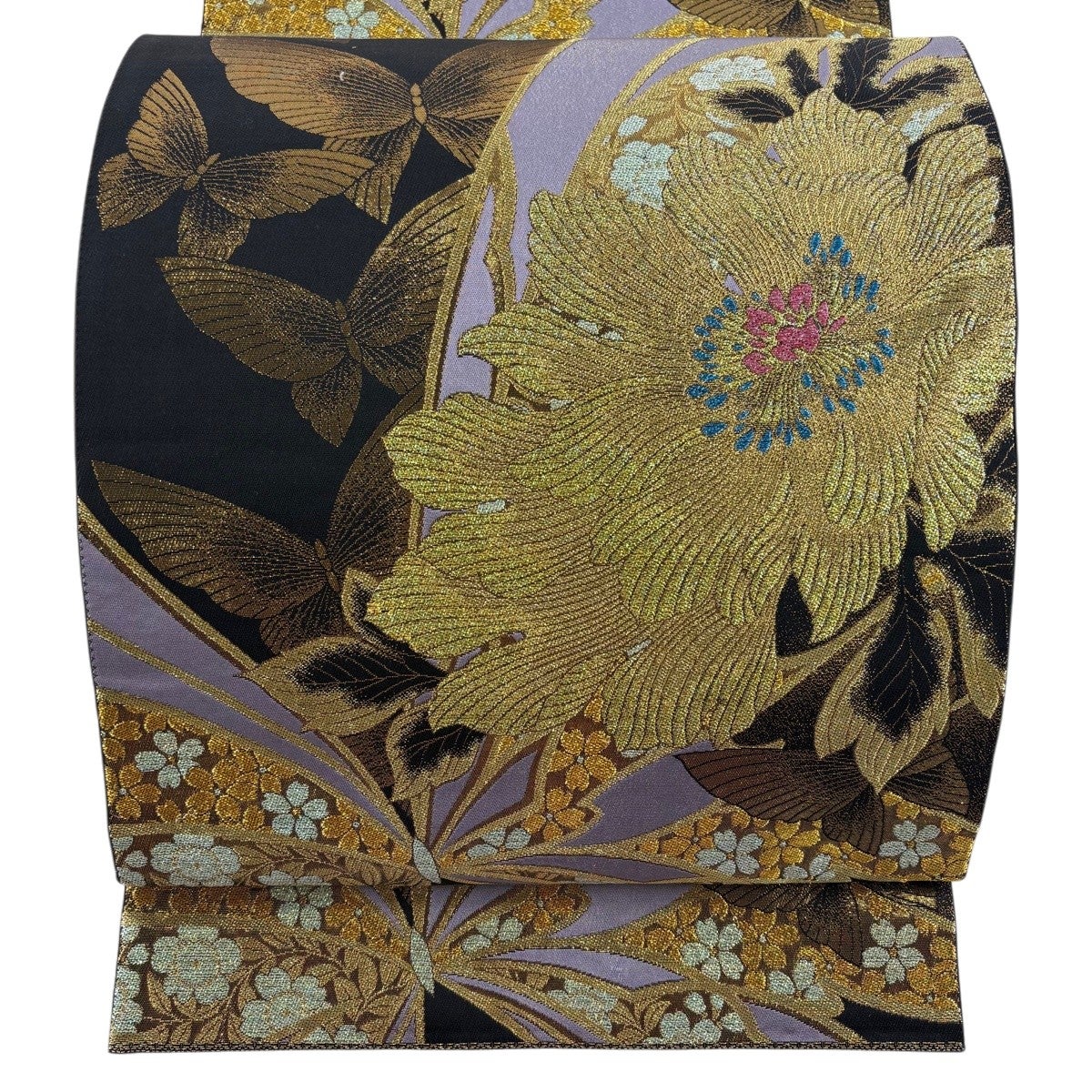 美品】 袋帯 秀品 花 斜縞 箔 金糸 黒 六通 正絹｜中古・古着