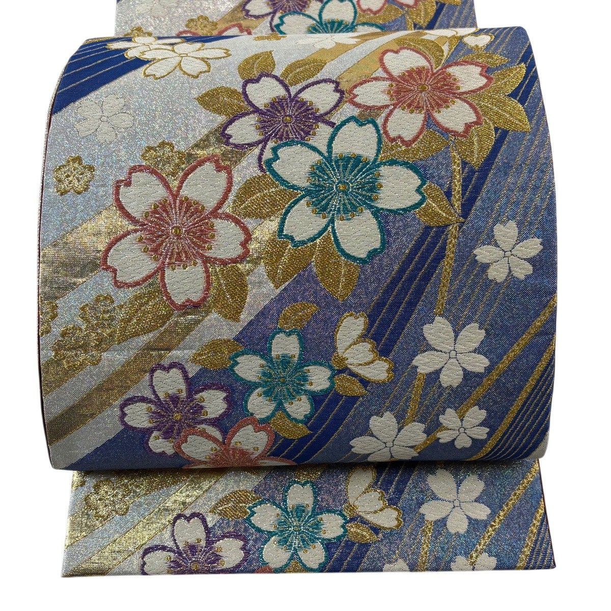 袋帯 やまと 桜 箔 金糸 紫 六通 正絹 袋帯 秀品 桜 波 金糸 箔 金色 六通 正絹｜中古・古着・リサイクル着物