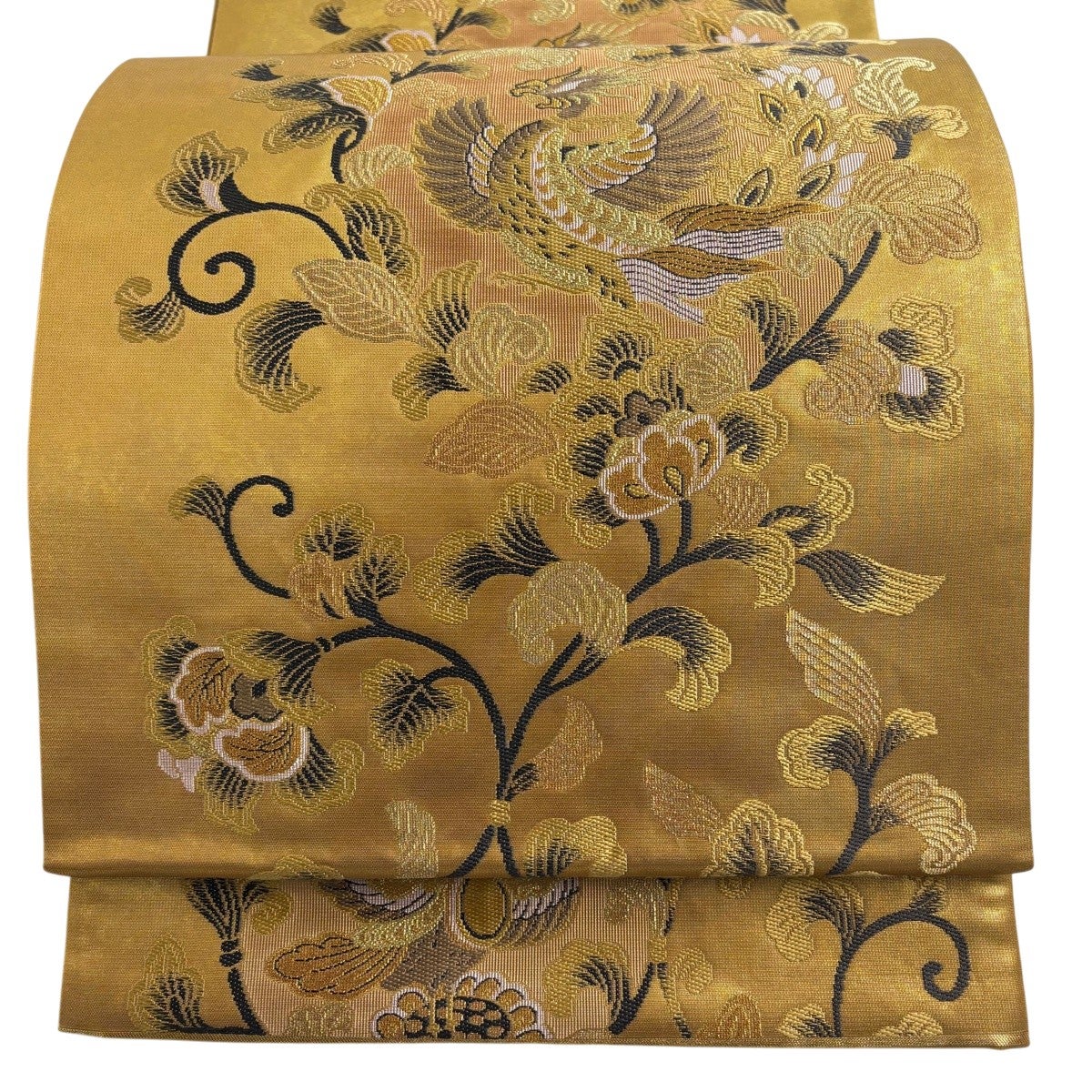 美品】 袋帯 名品 落款あり 鳳凰 花唐草 金糸 箔 赤茶 六通 正絹｜中古