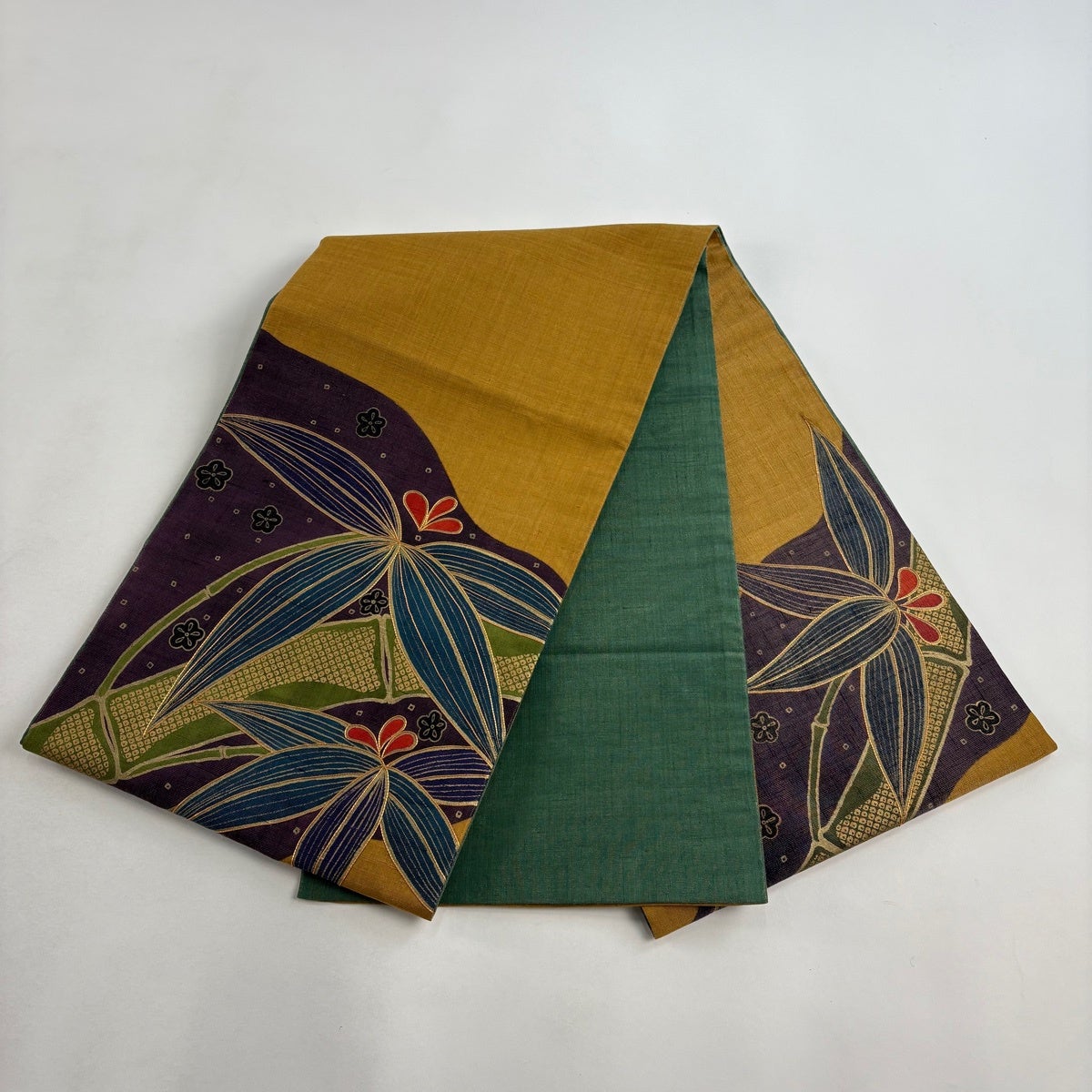 袋帯 秀品 紬地 梅 笹 金糸 金彩 黄土色 お太鼓柄 正絹｜中古・古着