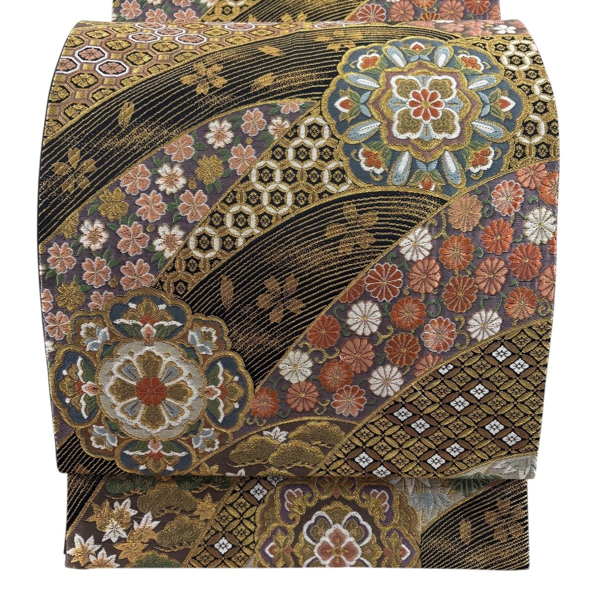 美品】 袋帯 秀品 華文 草花 金糸 箔 金茶 六通 正絹｜中古