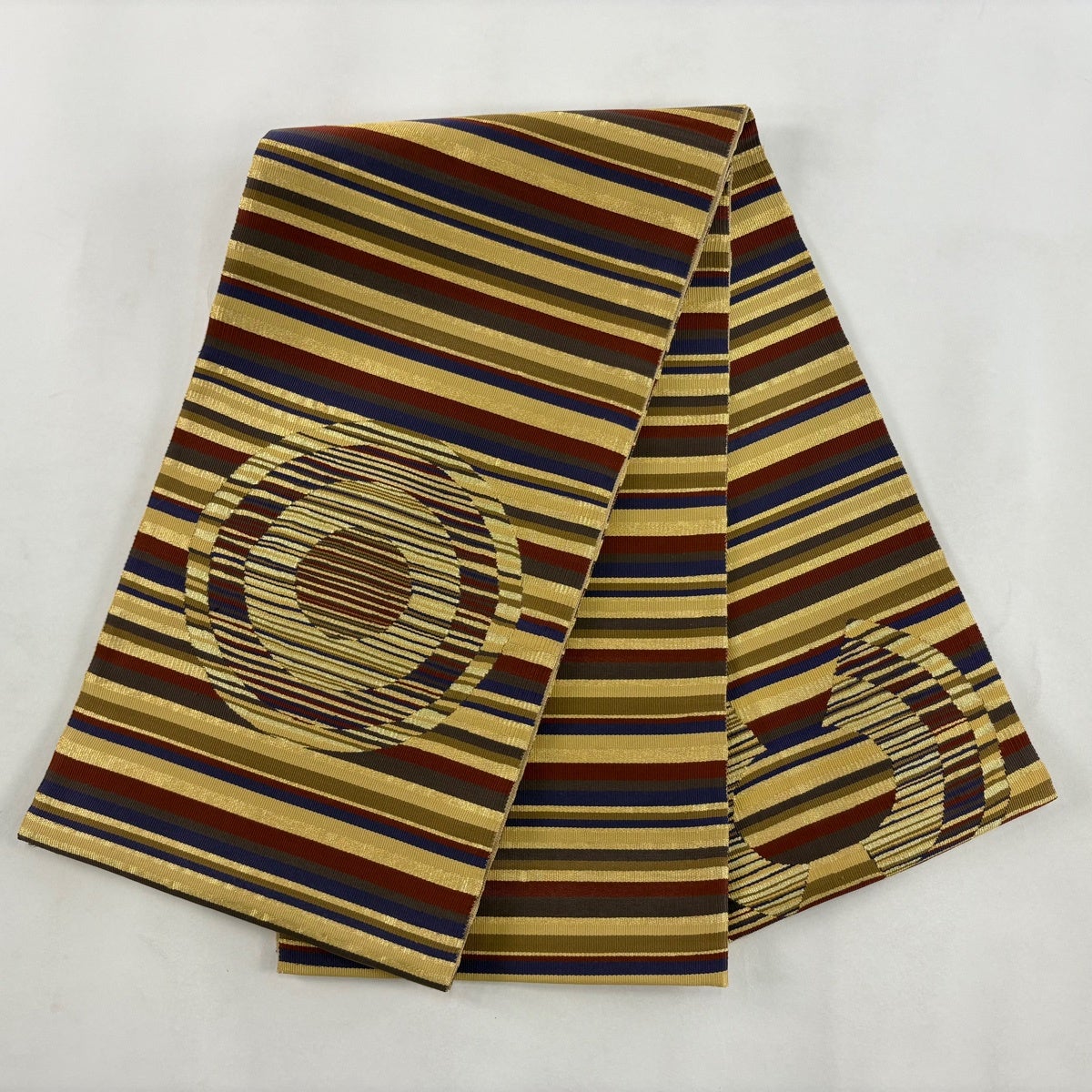 美品】 袋帯 秀品 縞 丸文 金糸 ベージュ お太鼓柄 正絹|中古 美品】 袋帯 秀品 縞 丸文 金糸 ベージュ お太鼓柄 正絹|中古