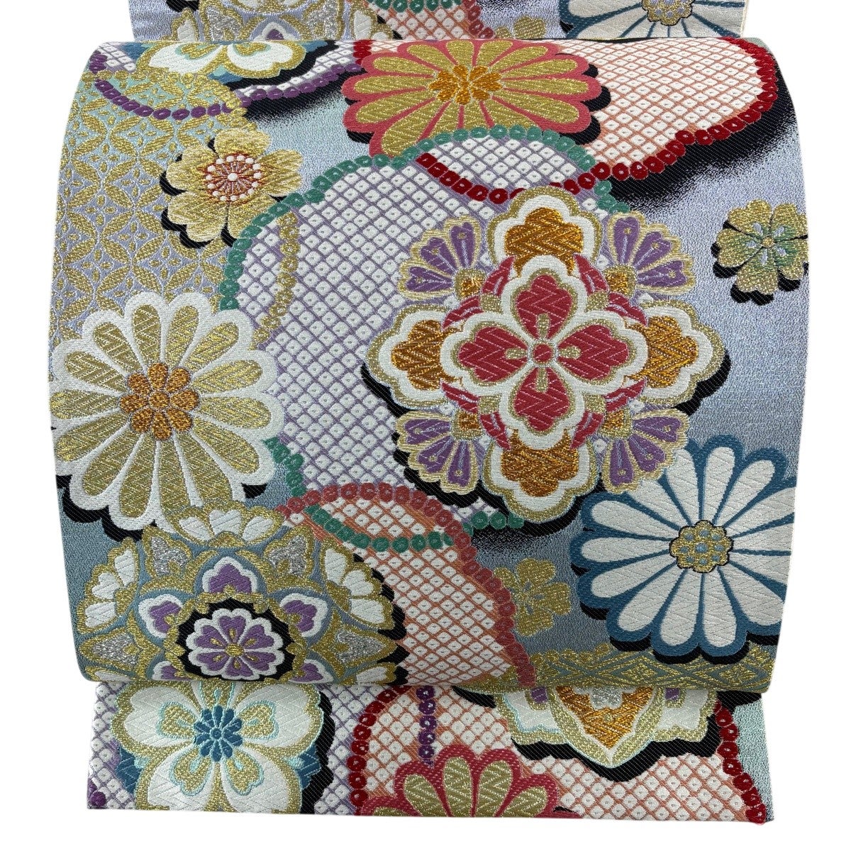 袋帯 秀品 華文 花 刺繍 金銀糸 薄紫 六通 正絹|中古・古着 袋帯 秀品 華文 花 刺繍 金銀糸 薄紫 六通 正絹|中古・古着