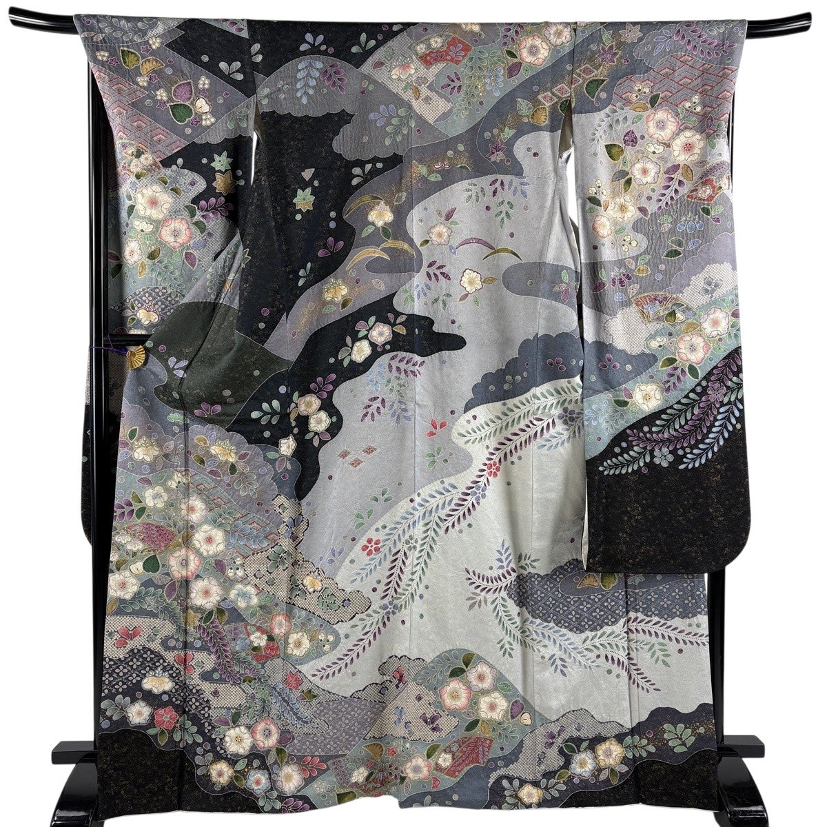 振袖 身丈168.5cm 裄丈68.5cm L 袷 辻が花 金銀彩 青灰色 正絹 逸品