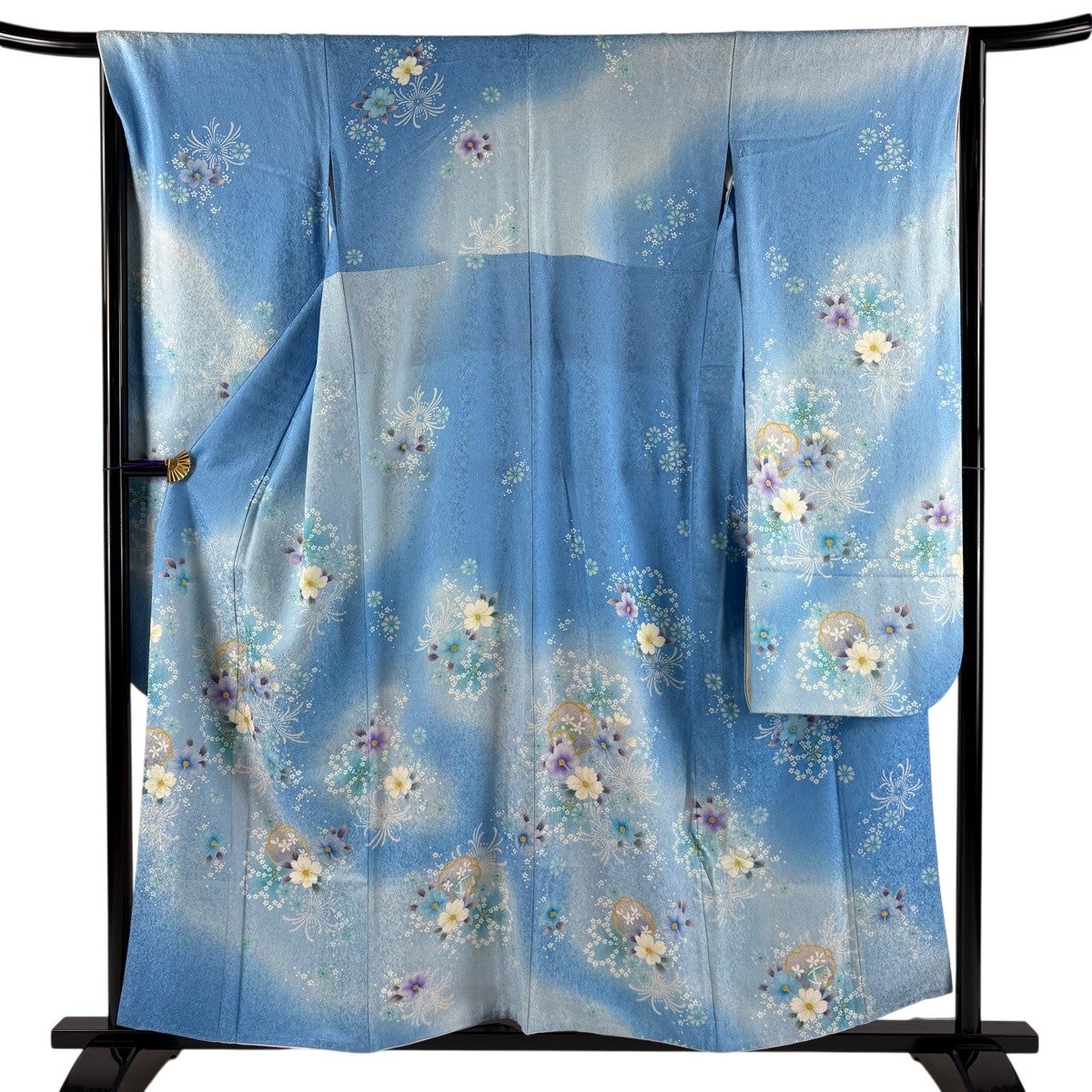 振袖 身丈156cm 裄丈65.5cm M 袷 草花 銀通し 金彩 水色 正絹 逸品