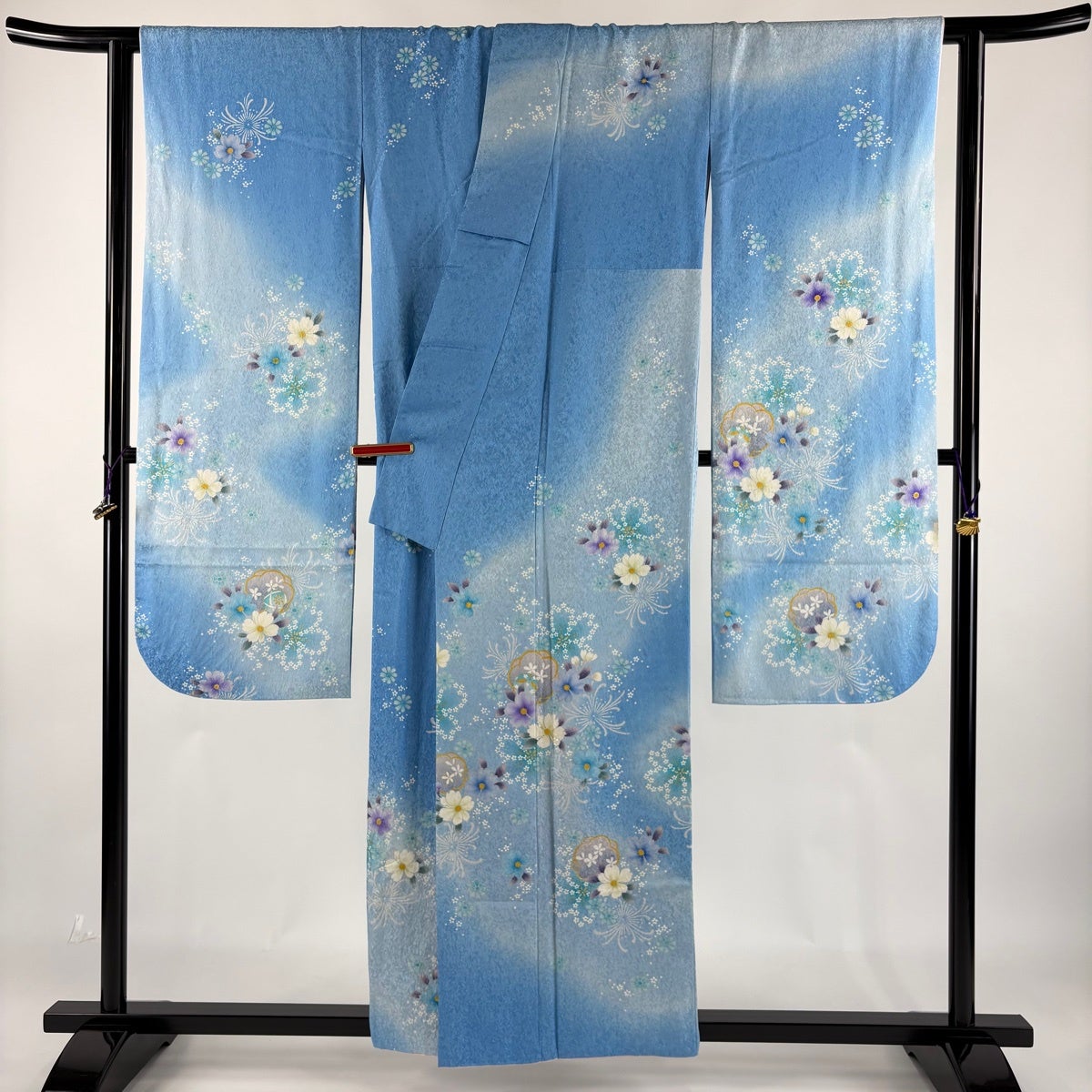 振袖 身丈156cm 裄丈65.5cm M 袷 草花 銀通し 金彩 水色 正絹 逸品
