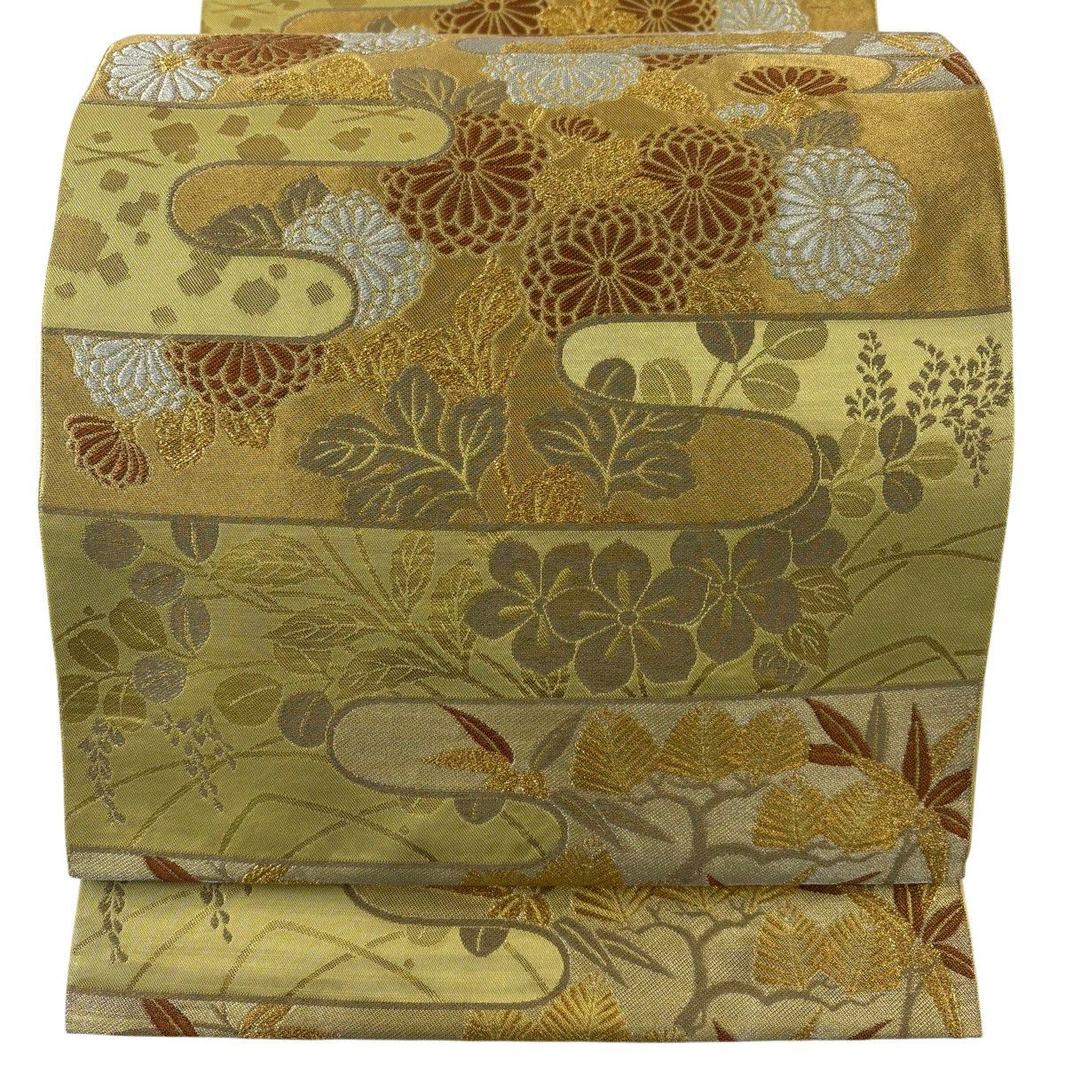 50%OFF 袋帯 秀品 川島織物 落款あり ヱ霞 松竹梅 金銀糸 箔 黄緑色 六