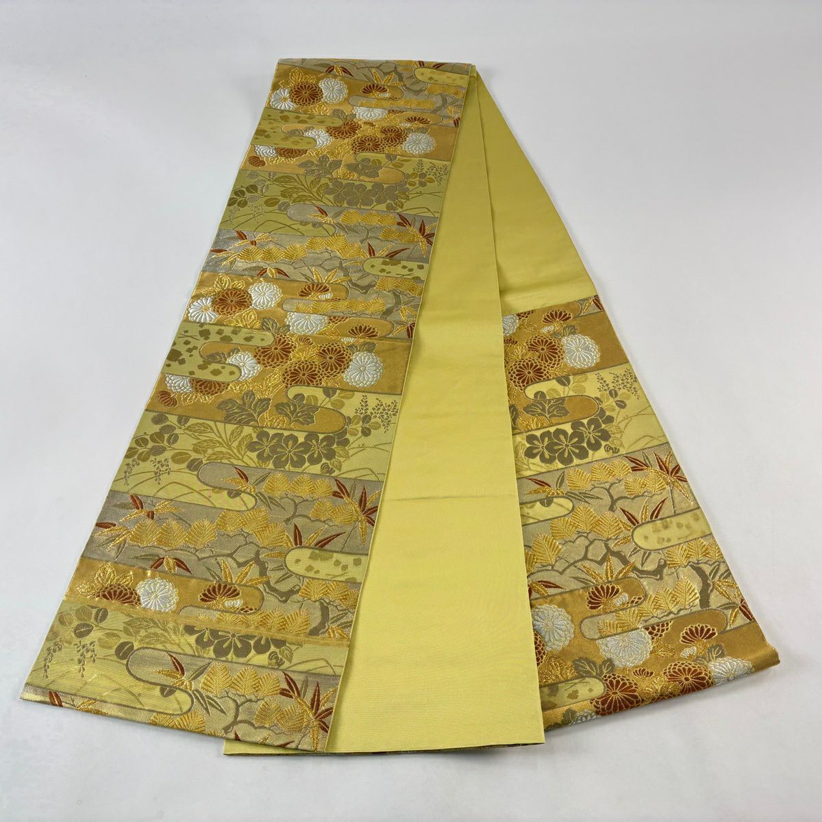50%OFF 袋帯 秀品 川島織物 落款あり ヱ霞 松竹梅 金銀糸 箔 黄緑色 六