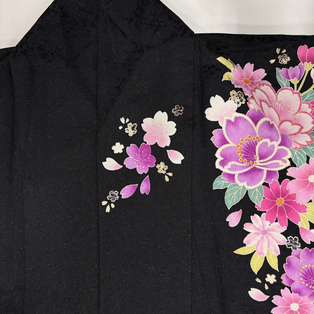 美品】 振袖 身丈169cm 裄丈71cm L 袷 牡丹 桜 銀通し 箔 黒 正絹 逸品