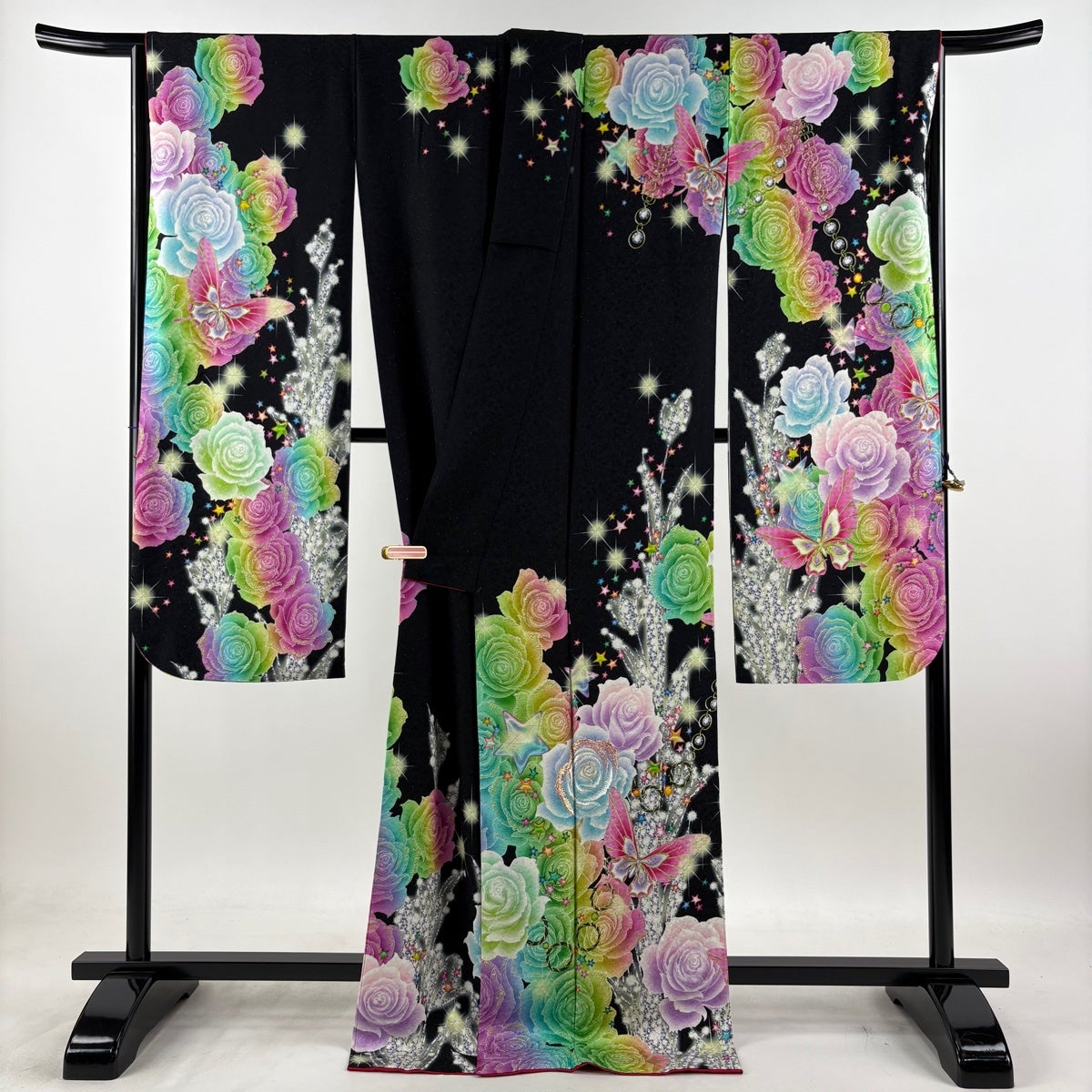 美品】 振袖 身丈172.5cm 裄丈68cm L 袷 落款あり 薔薇 蝶 銀通し 箔