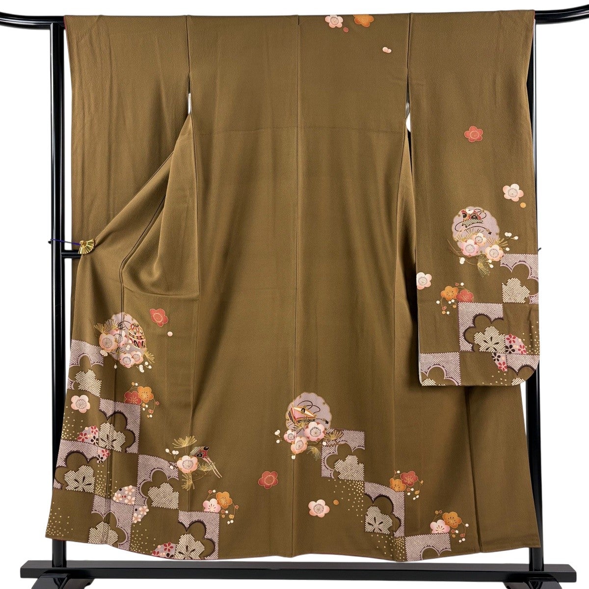 振袖 身丈153cm 裄丈62cm S 袷 雪輪 松梅 金糸 金彩 茶色 正絹 秀品
