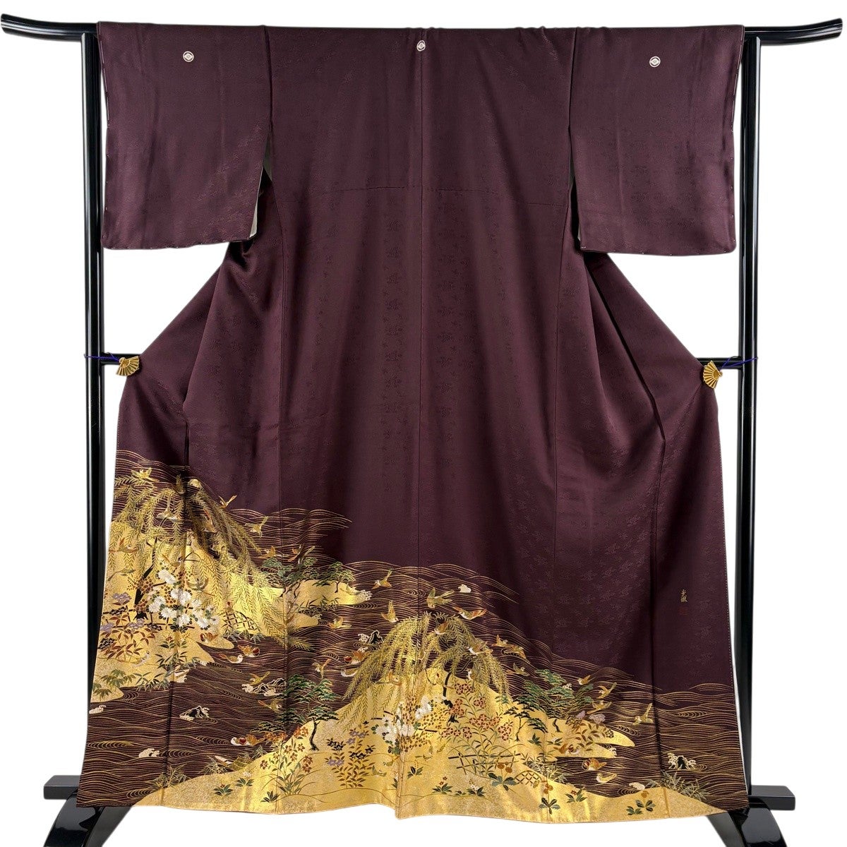美品】色留袖 身丈161.5cm 裄丈63.5cm S 袷 松尾光琳 落款あり 花鳥 柳