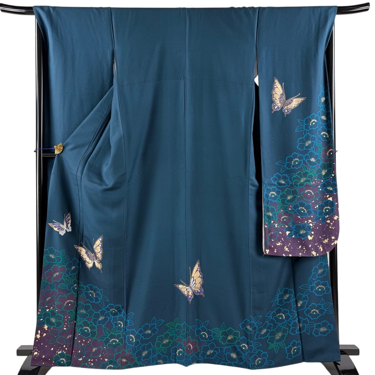 振袖 身丈162cm 裄丈69cm L 袷 蝶 草花 金彩 染め分け 青緑 正絹 秀品