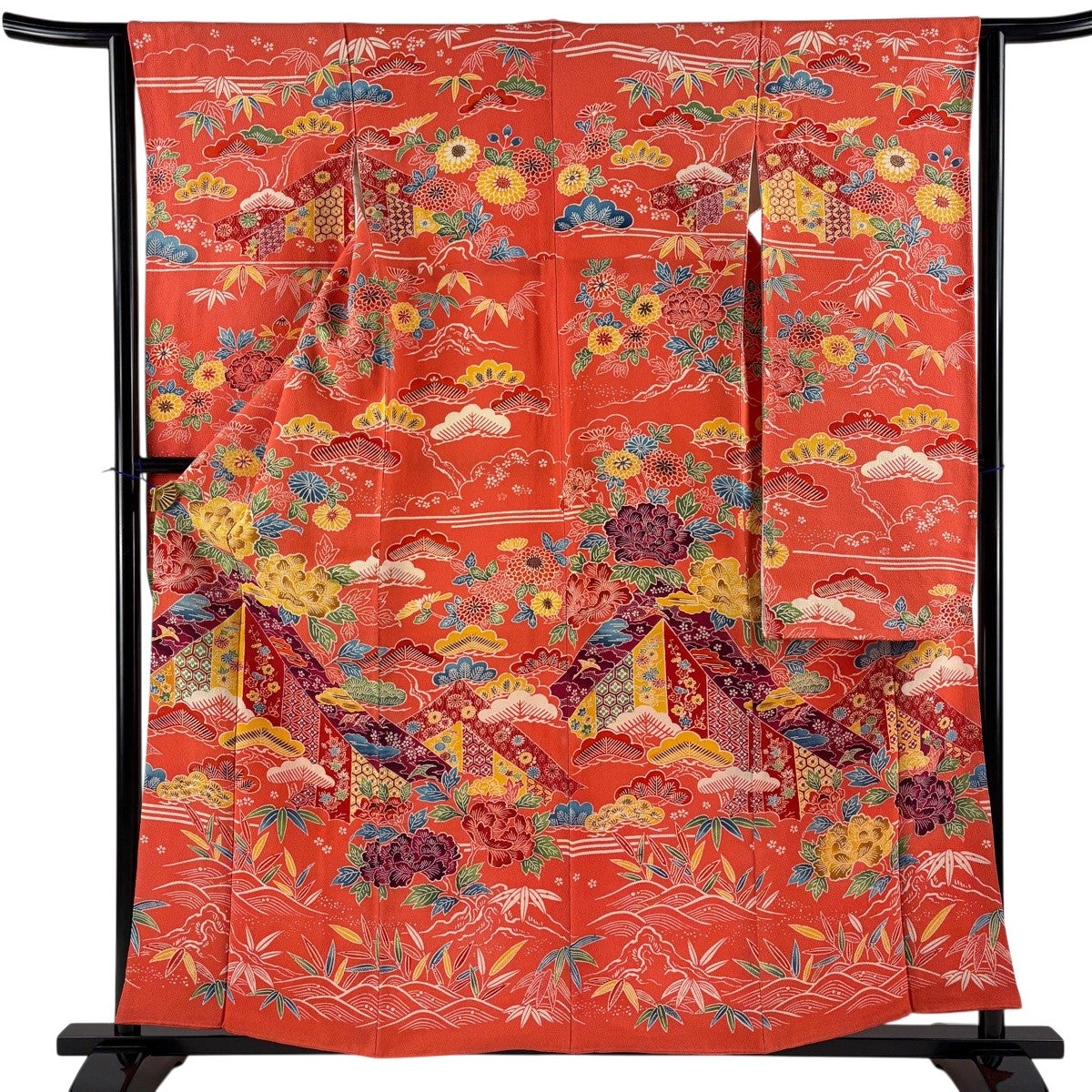 振袖 身丈158.5cm 裄丈63.5cm S 袷 松竹梅 牡丹 縮緬 オレンジ 正絹 秀