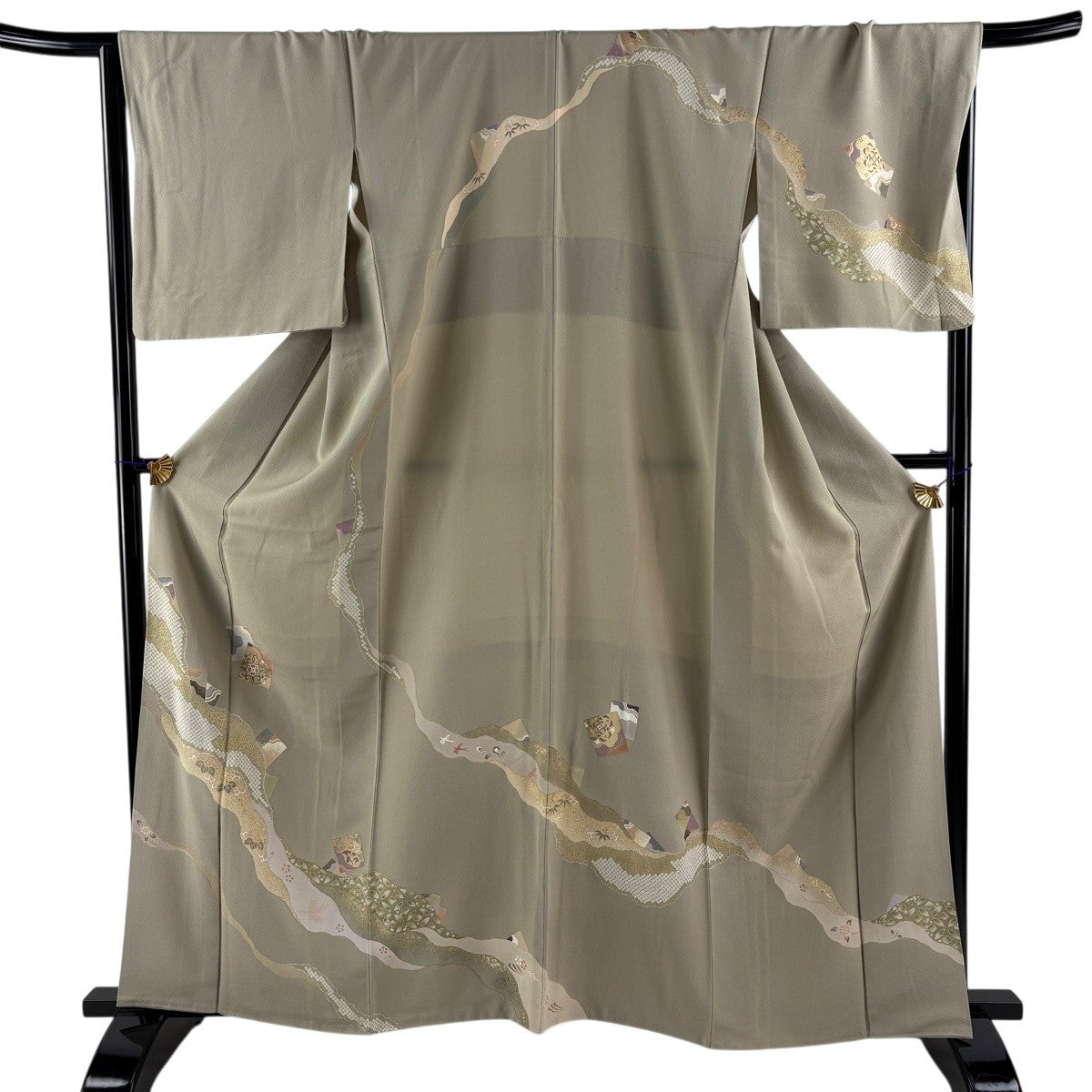 訪問着 身丈155cm 裄丈65cm M 袷 草花 笠松 金糸 金彩 灰緑 正絹 秀品