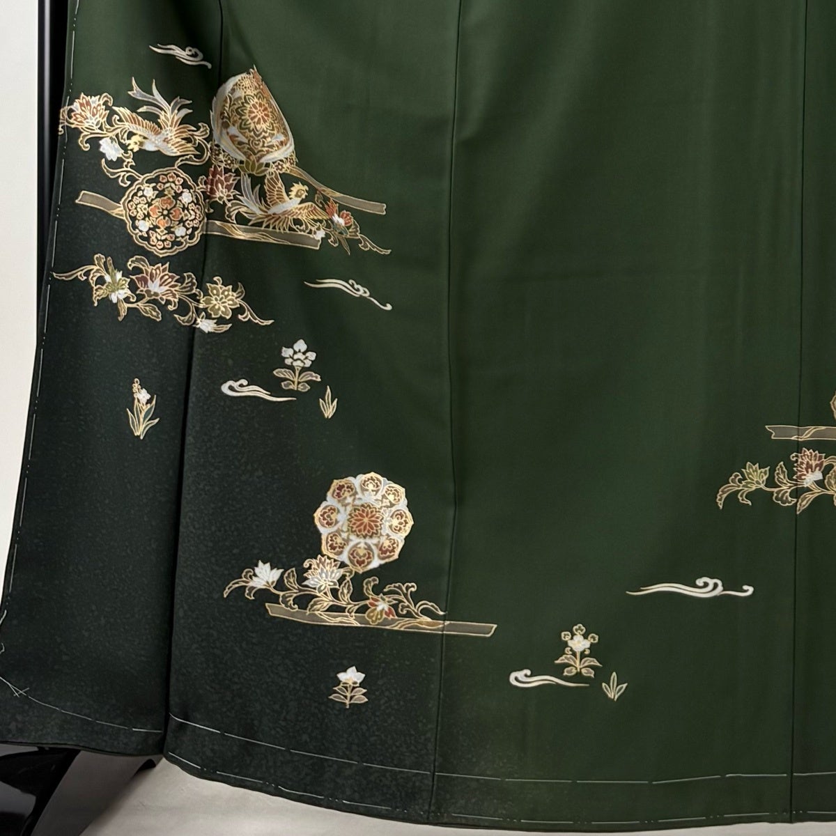 最終値下げ F-353 訪問着 京友禅 袷 茶緑色 梅 鳳凰 刺繍 金彩 美品 付下げ 身丈165.5cm 裄丈65.5cm M 袷 鳳凰 華文 金彩 ぼかし 深緑 正絹