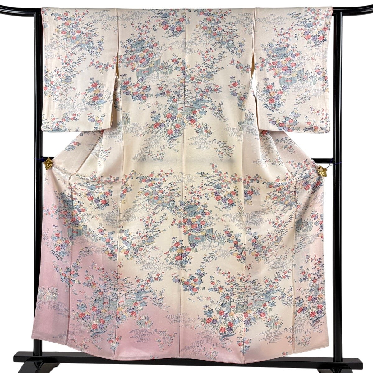 付下げ 身丈157cm 裄丈62.5cm S 袷 草花 波 ぼかし クリーム 正絹 優品