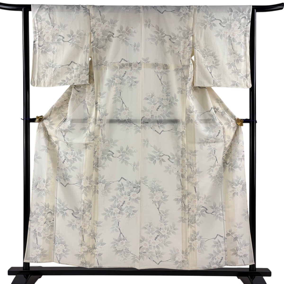 小紋 身丈157cm 裄丈63cm S 薄物 絽 桜 クリーム 正絹 秀品｜中古