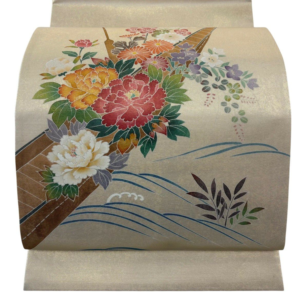 美品】 袋帯 秀品 花鳥至宝名選 優彩四季草花図 金糸 箔箔 金色 お太鼓