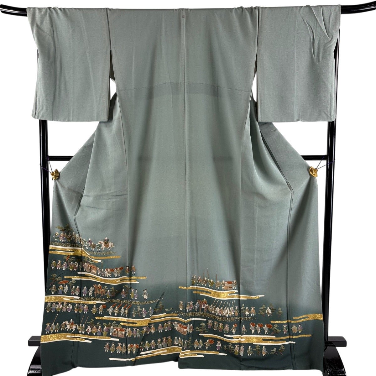 色留袖 身丈168cm 裄丈71cm L 袷 大名行列 ヱ霞 相良刺繍 金糸 灰緑