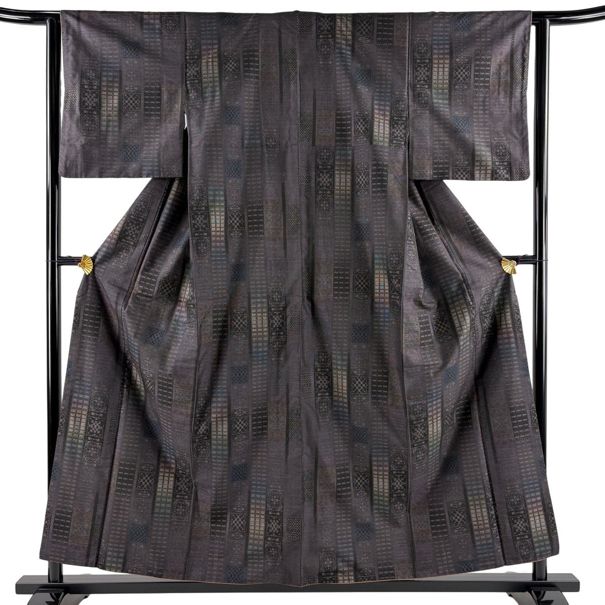 美品】 紬 身丈156.5cm 裄丈62cm S 袷 鈴乃屋 幾何学 華文 茶紫 正絹
