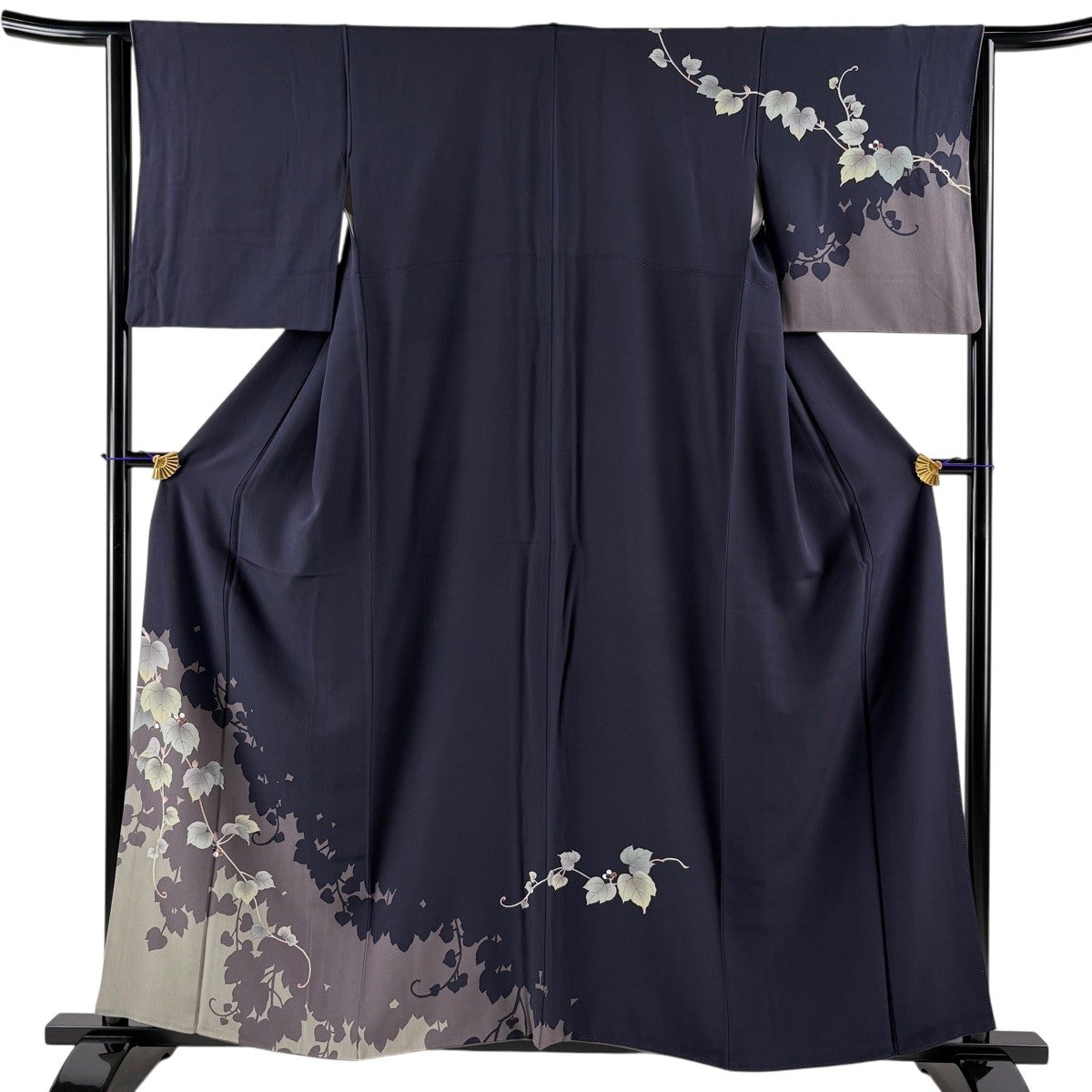 濃紺 金彩 華やか 訪問着 紋なし トールサイズ 訪問着 身丈157cm 裄丈63.5cm S 袷 葉と実 シルエット 金彩 染め分け