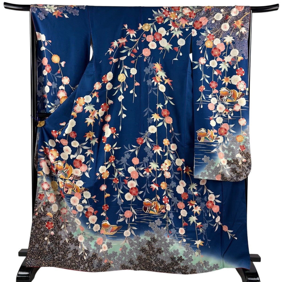 振袖 身丈167.5cm 裄丈66cm M 袷 鴛鴦 草花 金糸 金彩 青 正絹 秀品