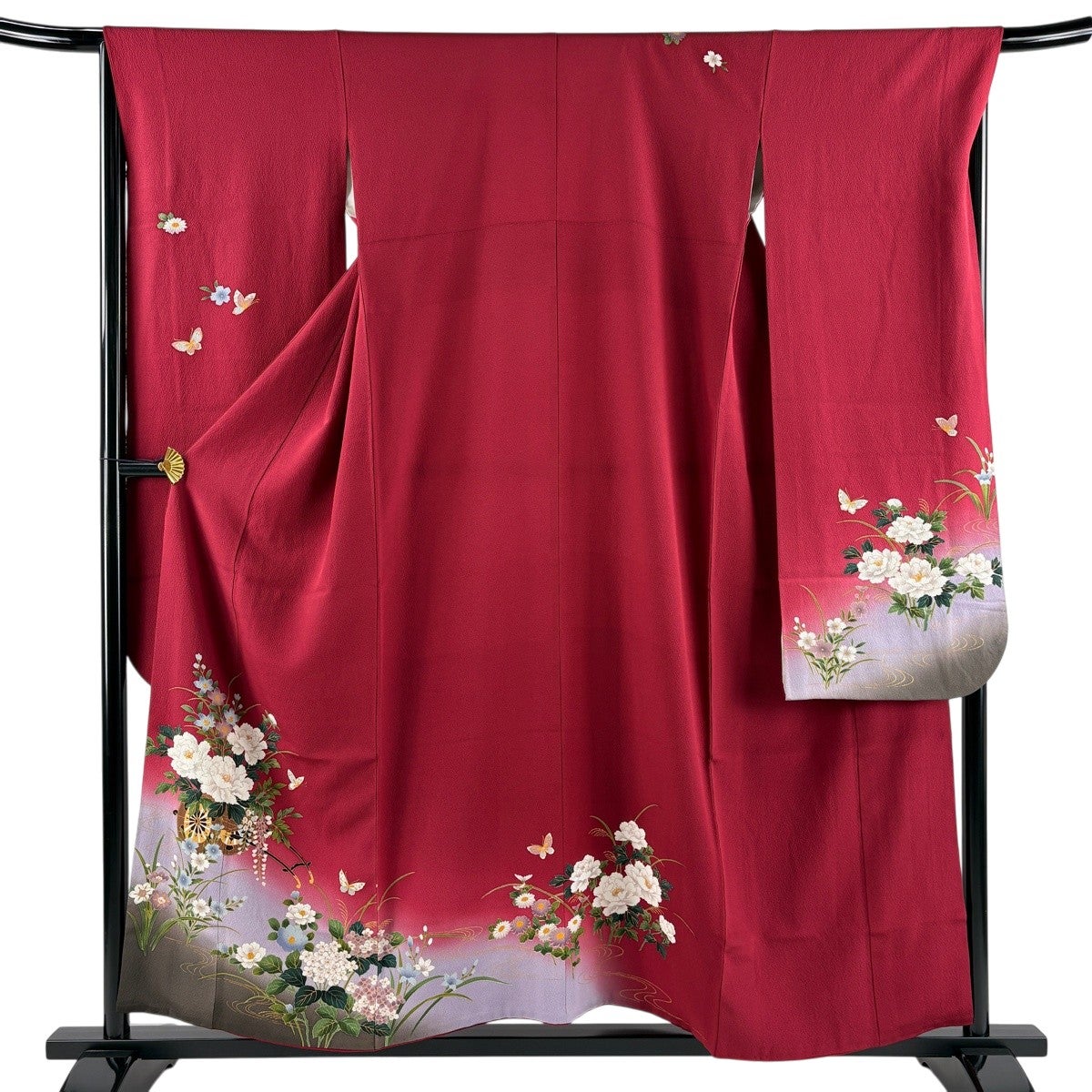美品】 振袖 身丈156cm 裄丈66cm M 袷 花車 流水 金彩 ぼかし えんじ色