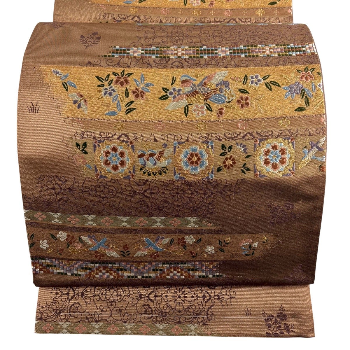 美品】 袋帯 秀品 夏帯 花鳥 蝶 金銀糸 箔 灰紫 六通 正絹｜中古・古着