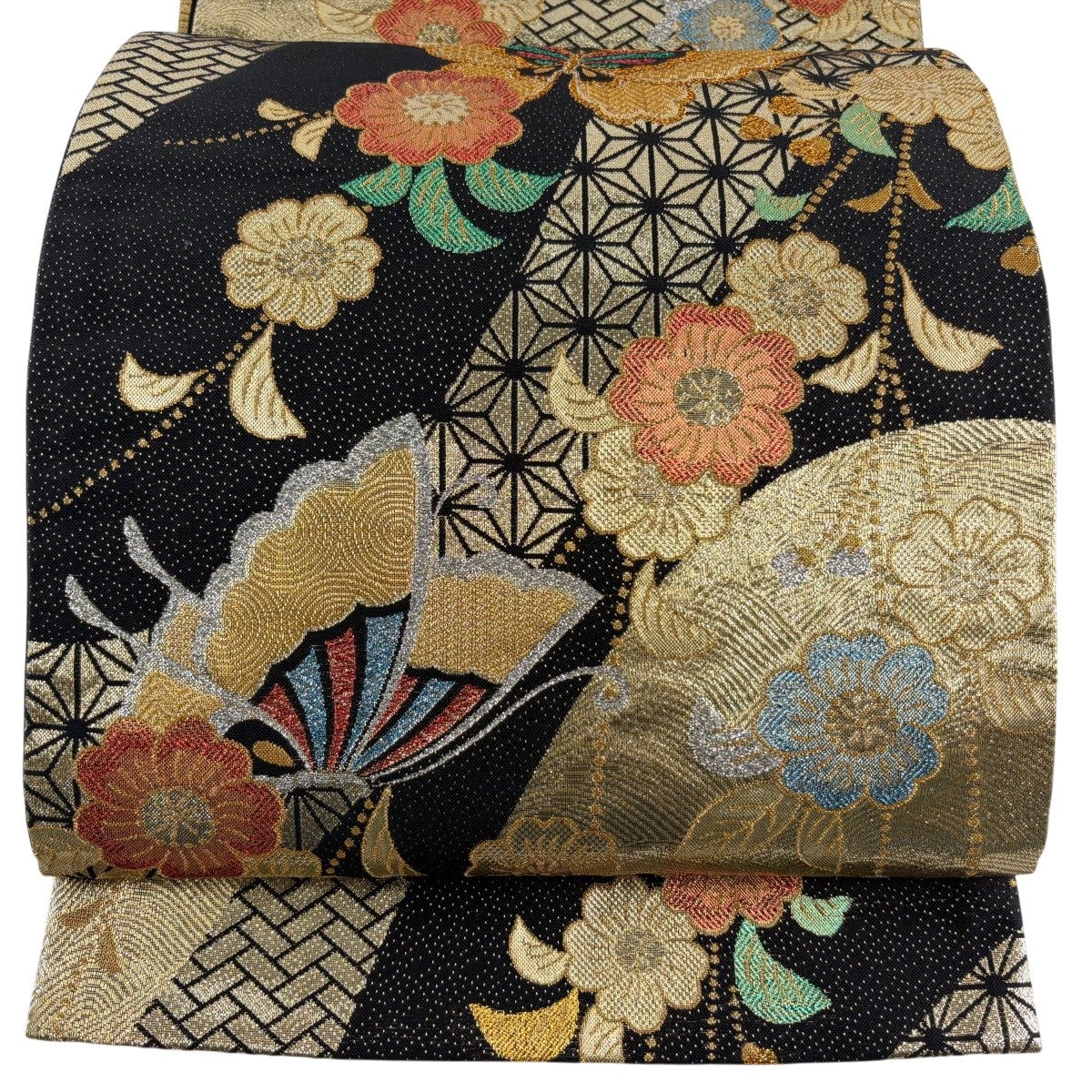 美品】 袋帯 秀品 振袖向き 桜 波 金銀糸 箔 黒 六通 正絹｜中古・古着