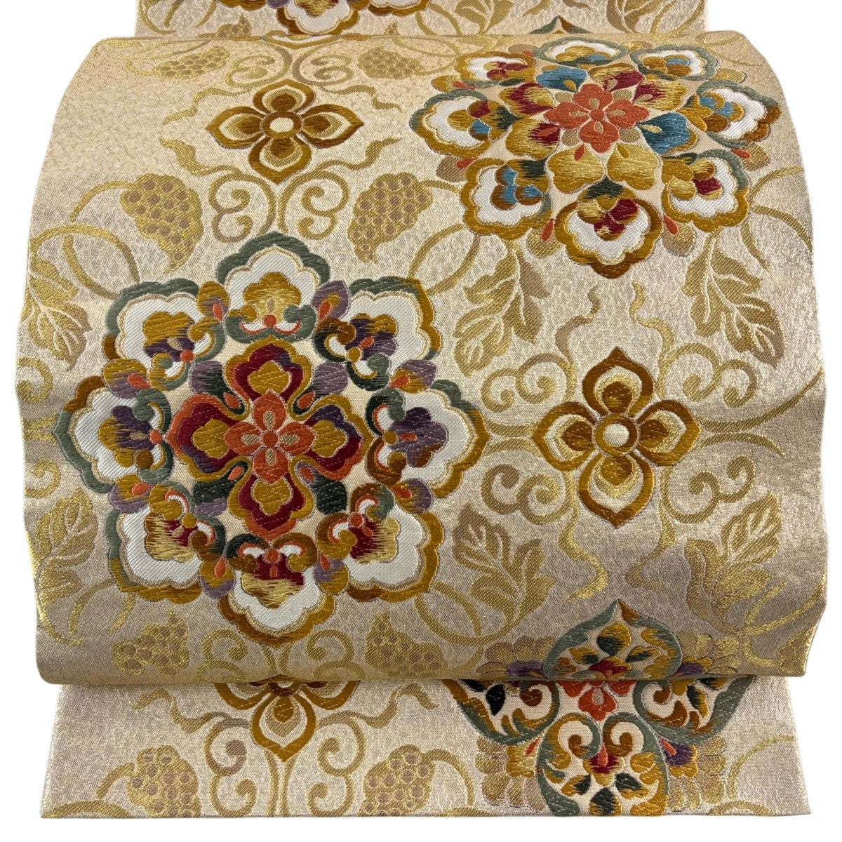 AA98美品袋帯 六通華文柄 金彩糸　華やかな丸文 唐織　振袖向き 美品】 袋帯 名品 桐 華文 金糸 唐織 金色 六通 正絹｜中古・古着
