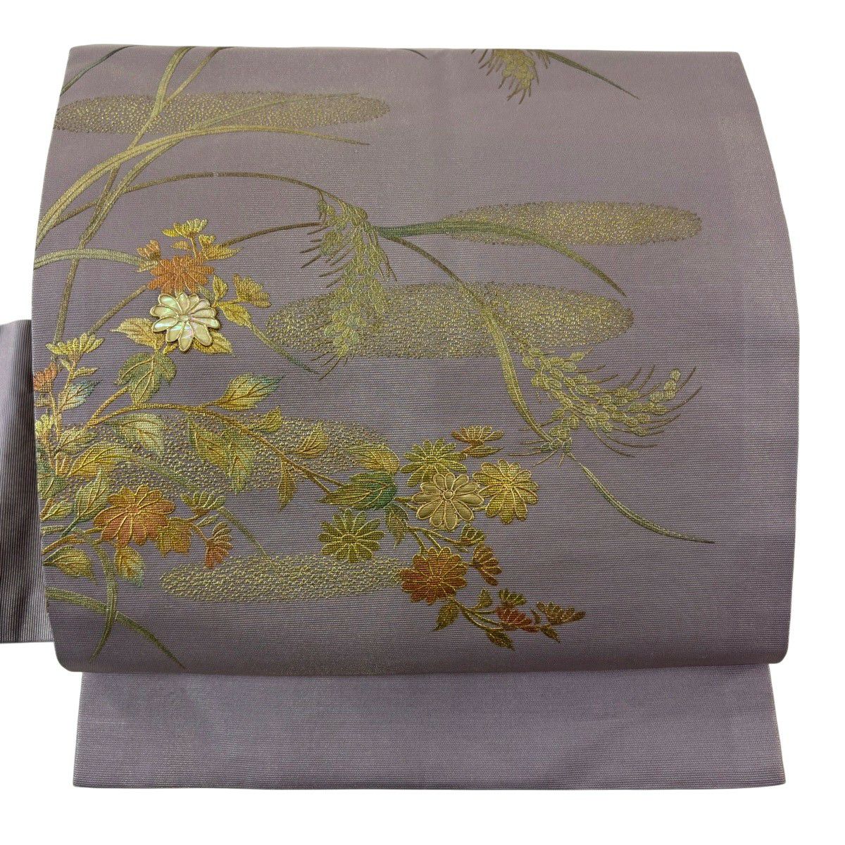 在庫一掃】 名古屋帯 秀品 花唐草 ヱ霞 螺鈿 金彩 銀色 正絹｜中古