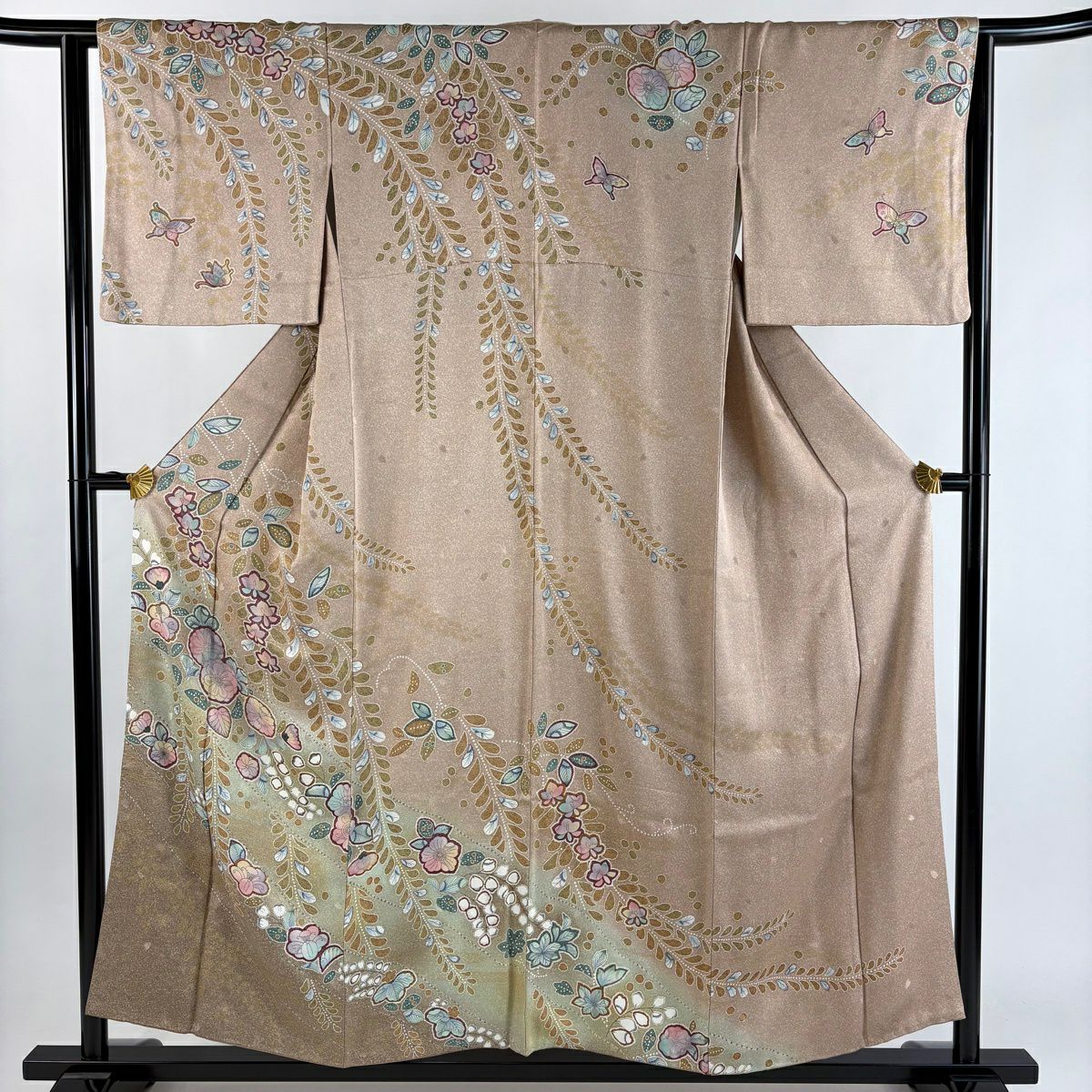 訪問着 名品 身丈162.5cm 裄丈65.5cm 正絹 【中古】 訪問着 身丈158.5cm 裄丈65cm M 袷 紬地 草花 籠目 刺繍 金彩 薄小豆