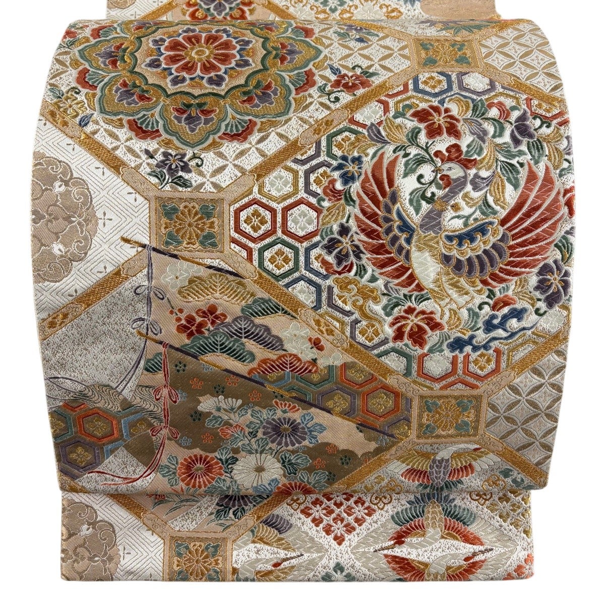 美品】 袋帯 逸品 じゅらく 落款あり じゅらく帝王紫 草花 鶴 金糸 箔