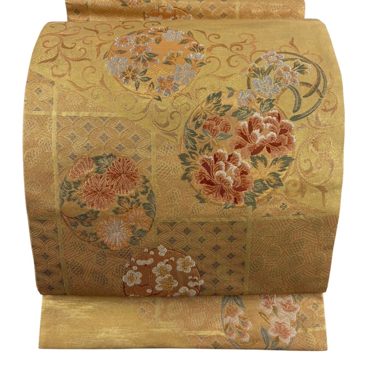 袋帯 金糸 華文 花丸文 礼装用 袋帯 名品 花丸文 金糸 箔 ベージュ 六通 正絹｜中古・古着