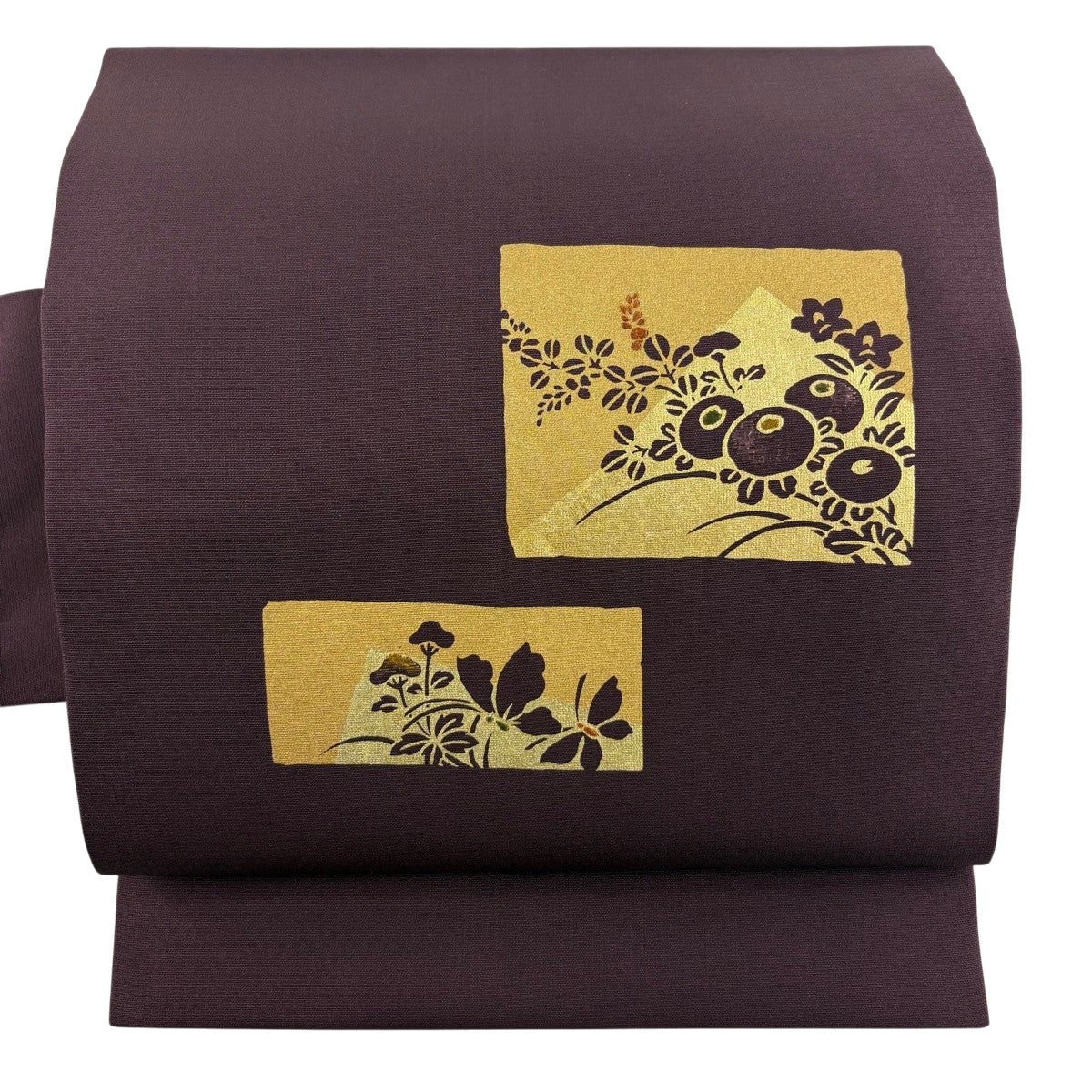 ご購入が決まりました ゲリラSALE 逸品 はんなり京雅 万寿菊 正絹名古屋帯 名古屋帯 秀品 万寿菊 草花 金彩 小豆色 正絹｜中古・古着・リサイクル