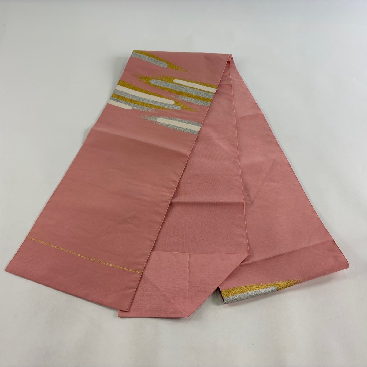 名古屋帯 秀品 八寸名古屋帯 松葉仕立て 霞 金銀糸 ピンク 正絹｜中古