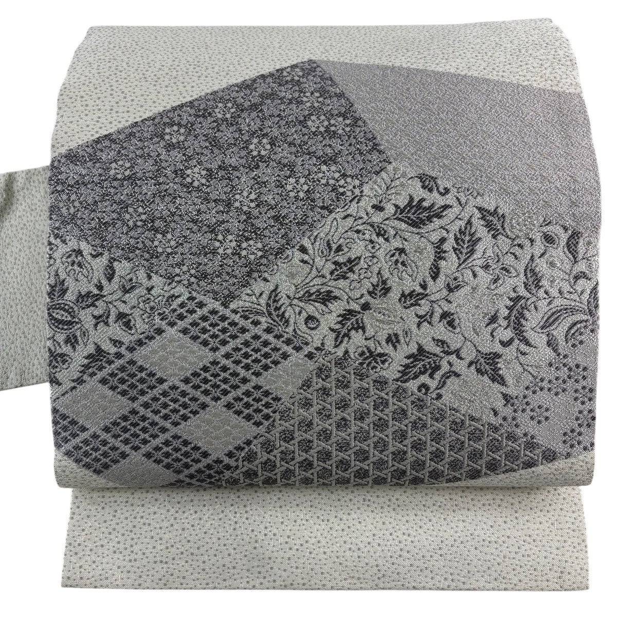 美品】 名古屋帯 秀品 草花 籠目 銀糸 灰白 正絹｜中古・古着