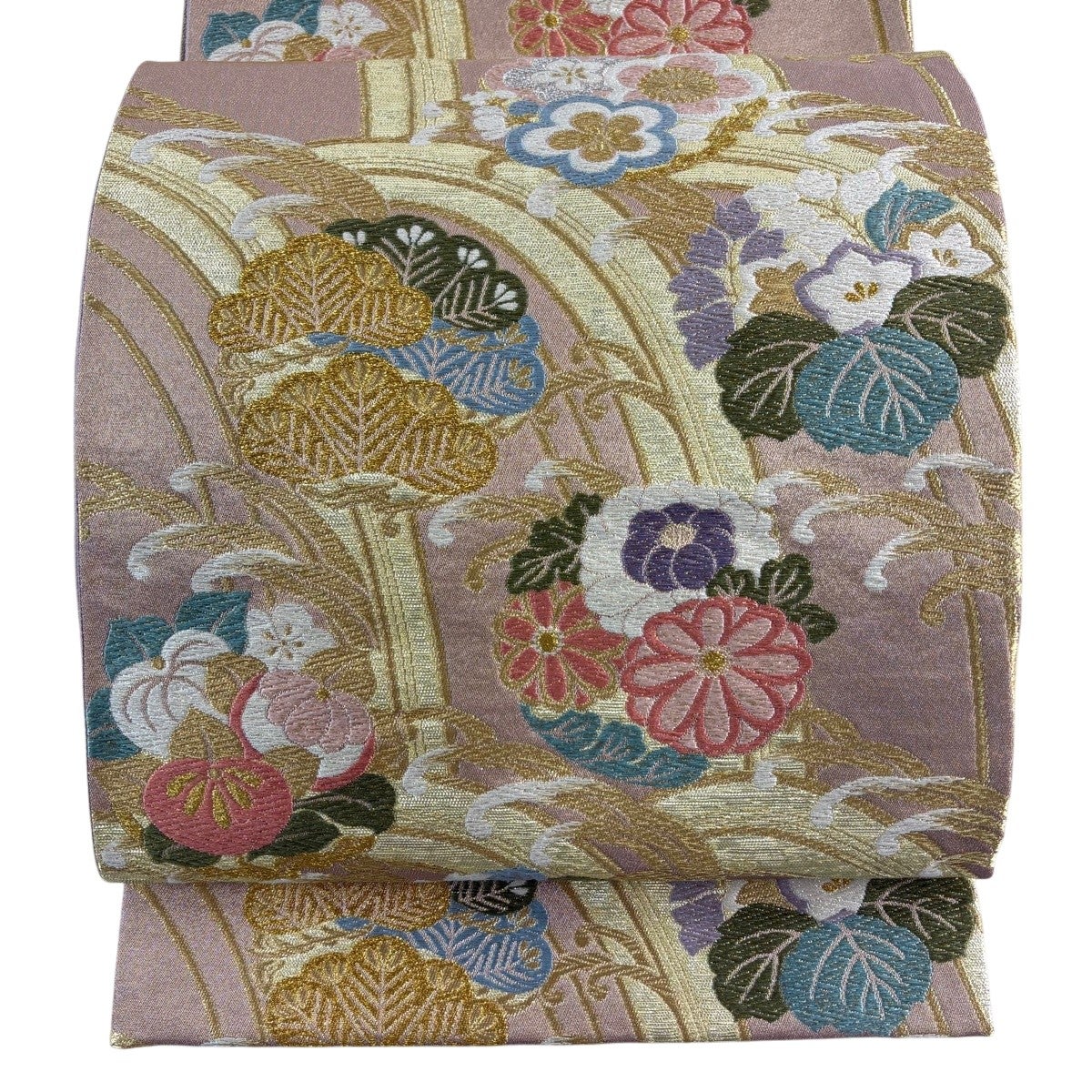 美品】 袋帯 逸品 草木染 新小石丸 花丸文 金糸 箔 クリーム 六通 正絹