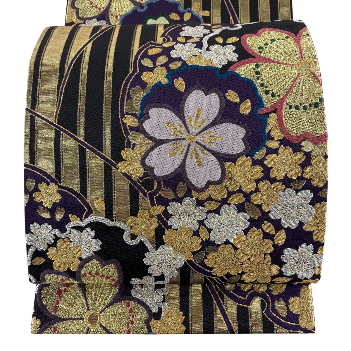 袋帯 秀品 振袖向き 桜 花びら 金銀糸 箔 黒 六通 正絹｜中古・古着